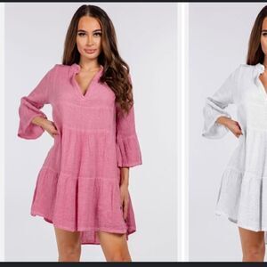 RAW MODA ITALIAN V NECK LINEN RUFFLE DRESS OS